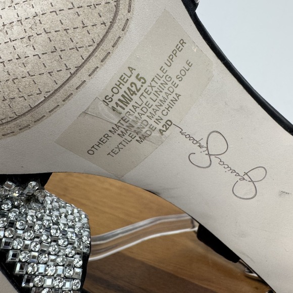 Womens Jessica Simpson Ohela Black Satin Rhinestone Bow Heeled Sandals Size 11 M - Picture 9 of 9